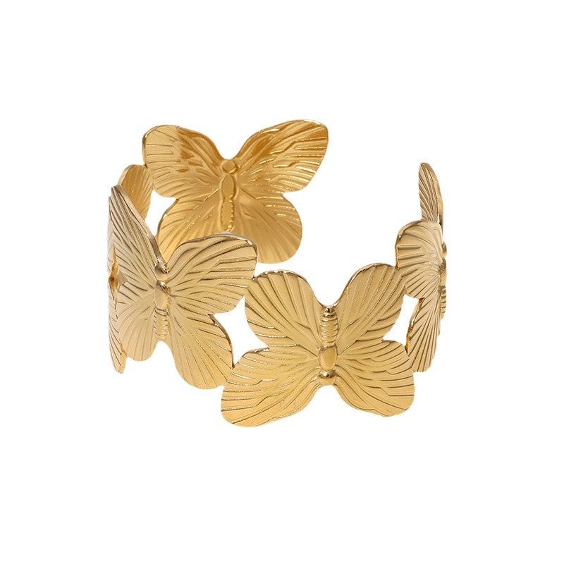 Retro Wide Stainless Steel Bracelet Wide Version Exaggerated Personality Butterfly Antique Gold-Plated Bracelet