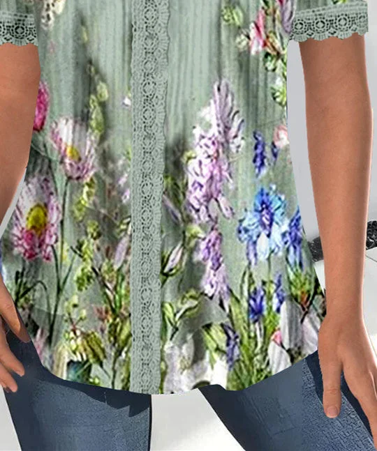 Women Short Sleeve V-neck Floral Printed Printed Graphic Lace Tops