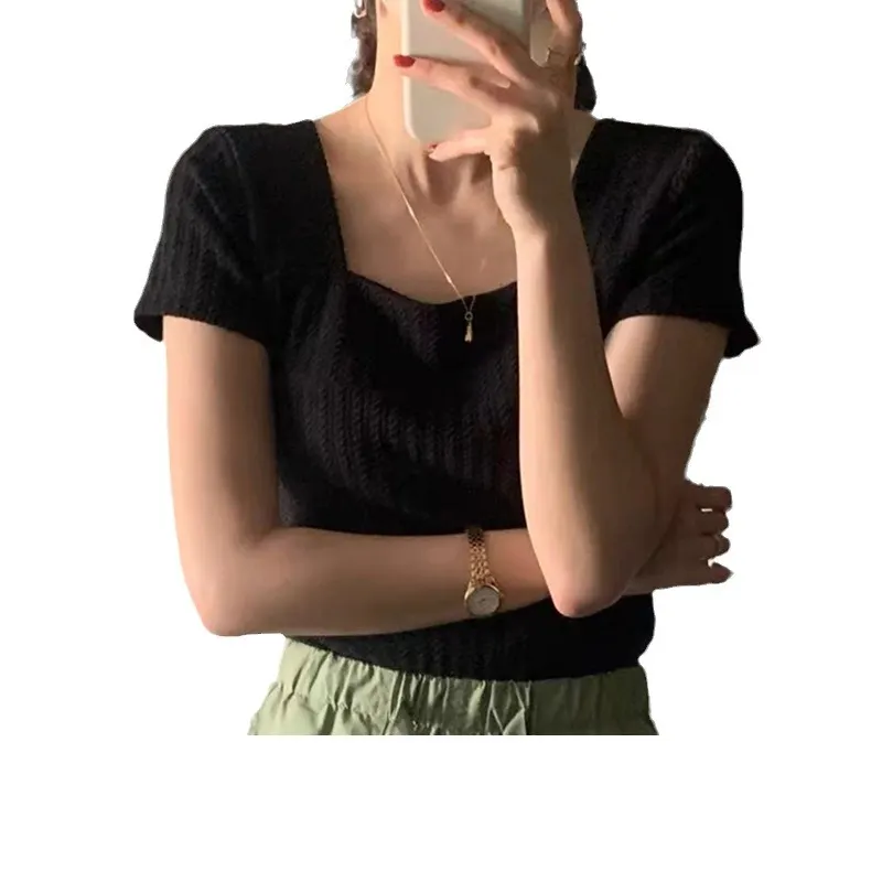 Churchf Churchf Chic Summer French Sweet Square Collar Dew Collarbone Texture Slim Slim Short Knit Jacket Female