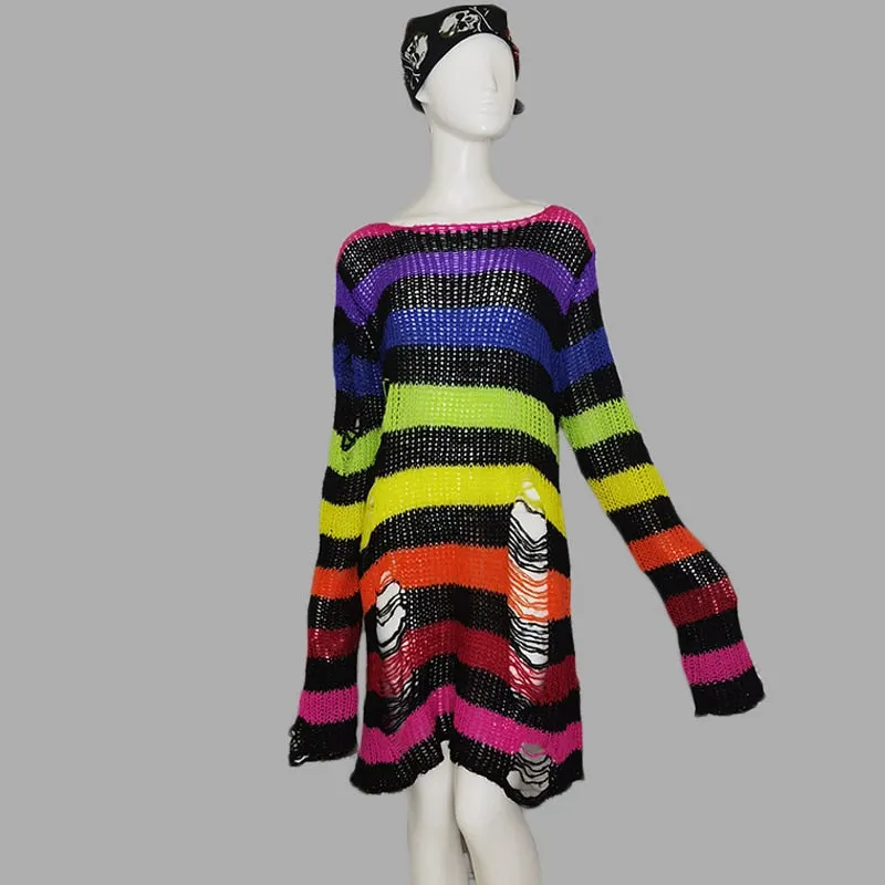 Plus Size Punk Gothic Long Unisex Sweater Dress Women Man Striped Cool Hollow Out Hole Broken Jumper Loose Rock Thin Sweter 2021