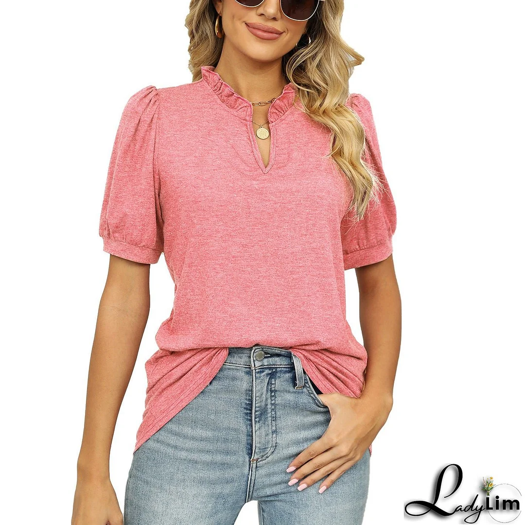 V-neck Shrink Pleated Short Sleeve Loose T-shirt Top For Women
