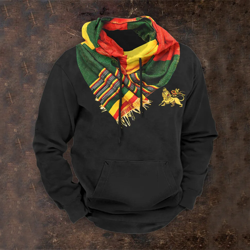 Vintage Reggae Jah Lion Ethiopian Scarf Traditional Inspired Print Graphic Hoodie