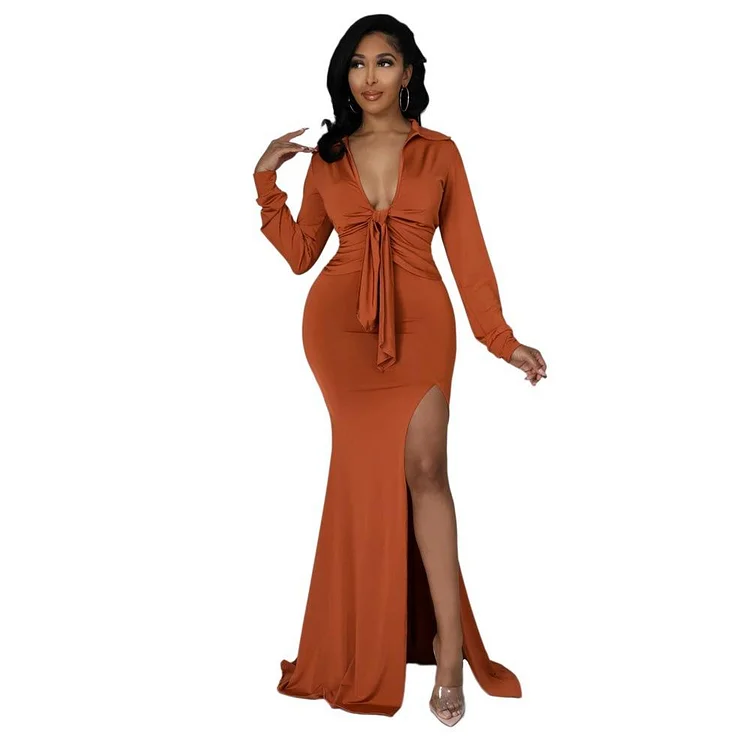 Promsstyle Lapel neck crop top high split dress two-piece set Prom Dress 2023