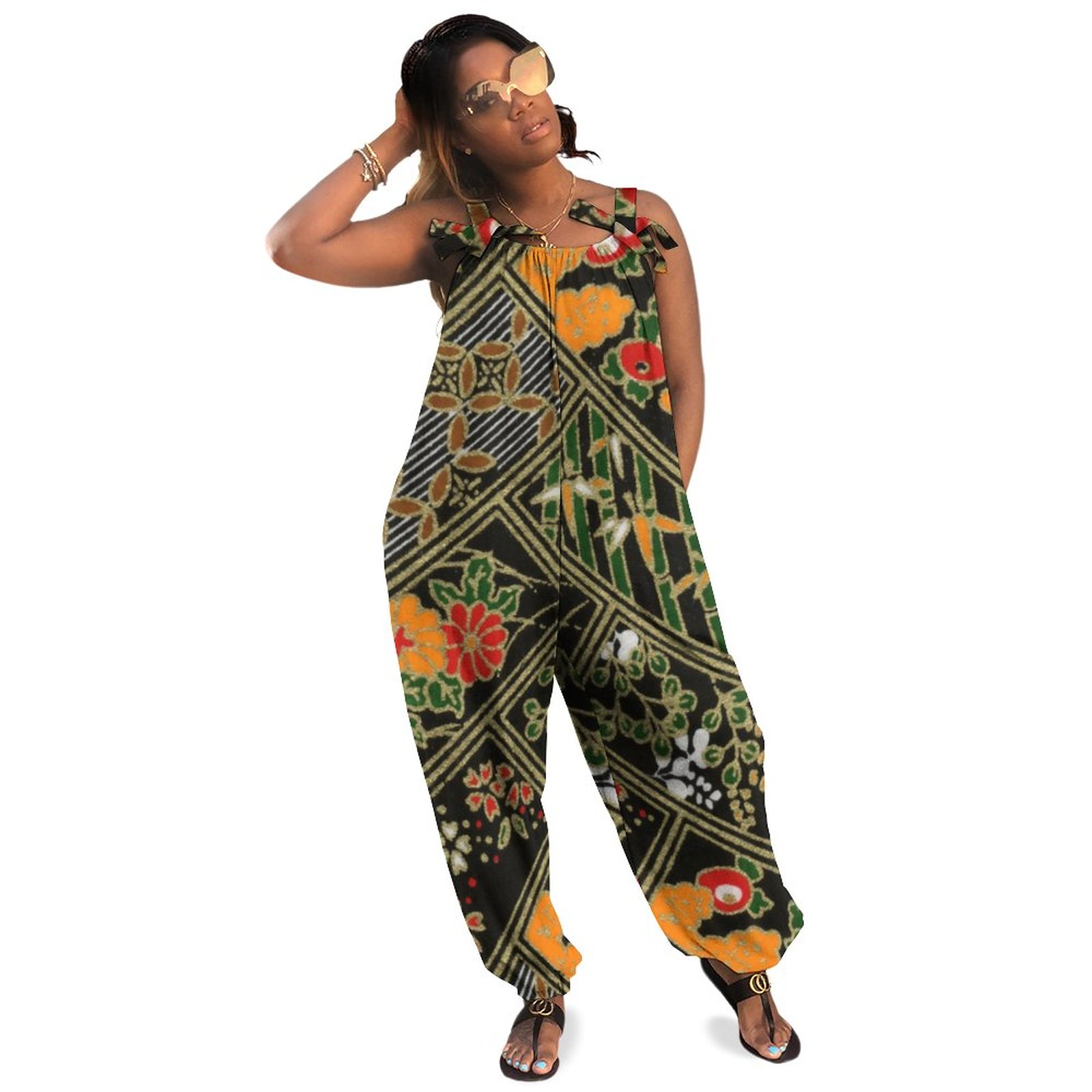 Women Plus Size Jumpsuit Summer Loose Harem Pants Vintage Japanese Kimono Floral Spaghetti Strap Jumpsuit Full Length Boho Casual Bow Tie Polyester Spandex