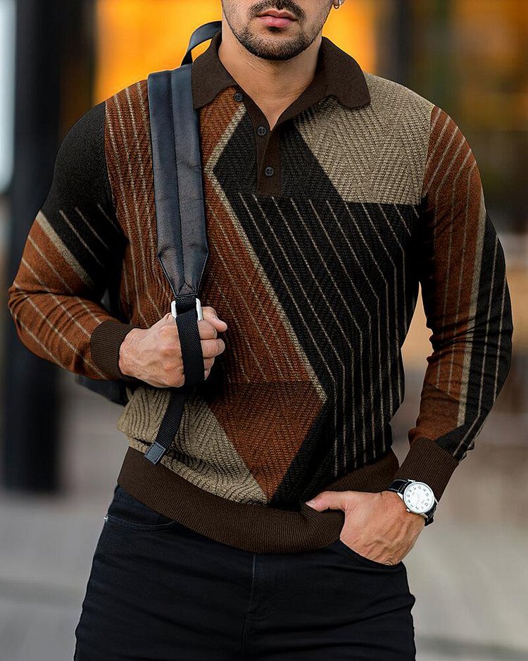 Casual knitted long sleeve lapel polo shirt