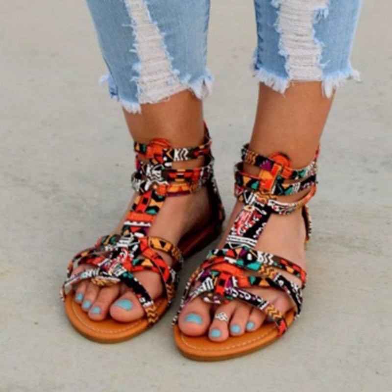 Lady Casual Sandals Shoes Plus Size 35-43 Women Bohemia Colorful Summer Gladiator Flat Ankle Strap Sandals Shoes