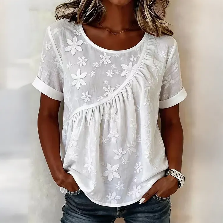 Women's Floral Embroidery Pattern Crew Neck Short Sleeve T-shirt