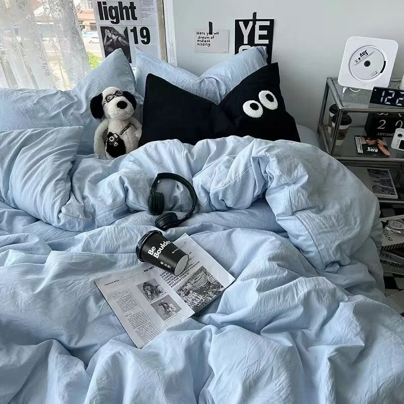 Aonga Korean Solid Color Bedding Set Adults Kids Twin Full Queen Size Soft Bed Flat Sheet Duvet Cover Set Pillowcases Simple Bed Linen aonga