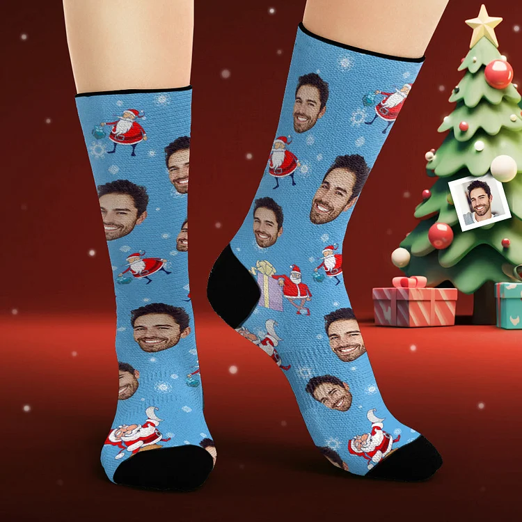 Custom Face Socks Personalized Photo Purple Socks Santa Claus with Gifts