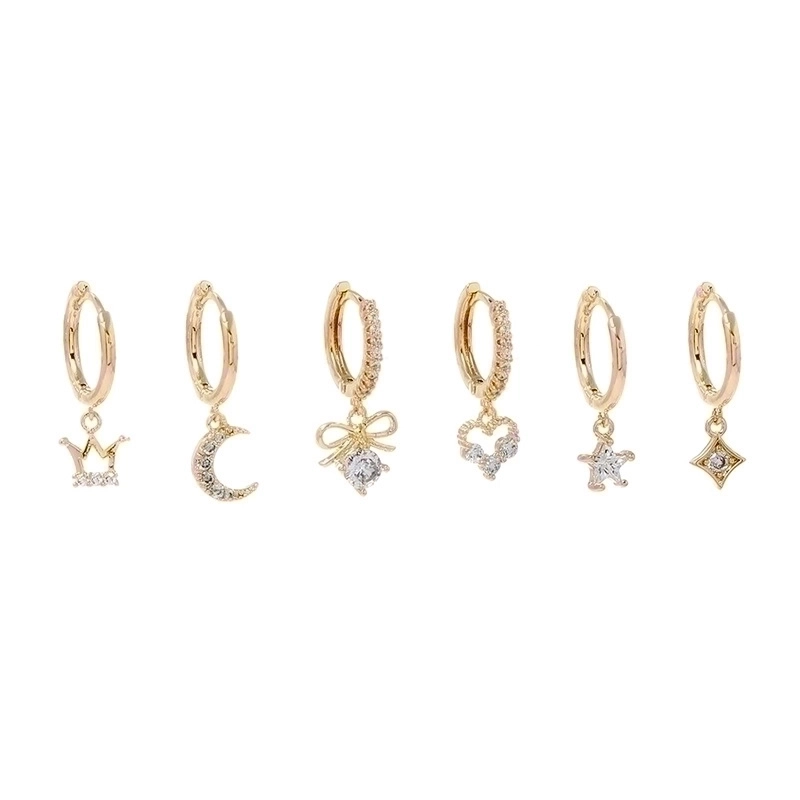 Sweet Moon Heart Shape Crown Copper Drop Earrings Asymmetrical Inlay Zircon Copper Earrings 3 Pairs