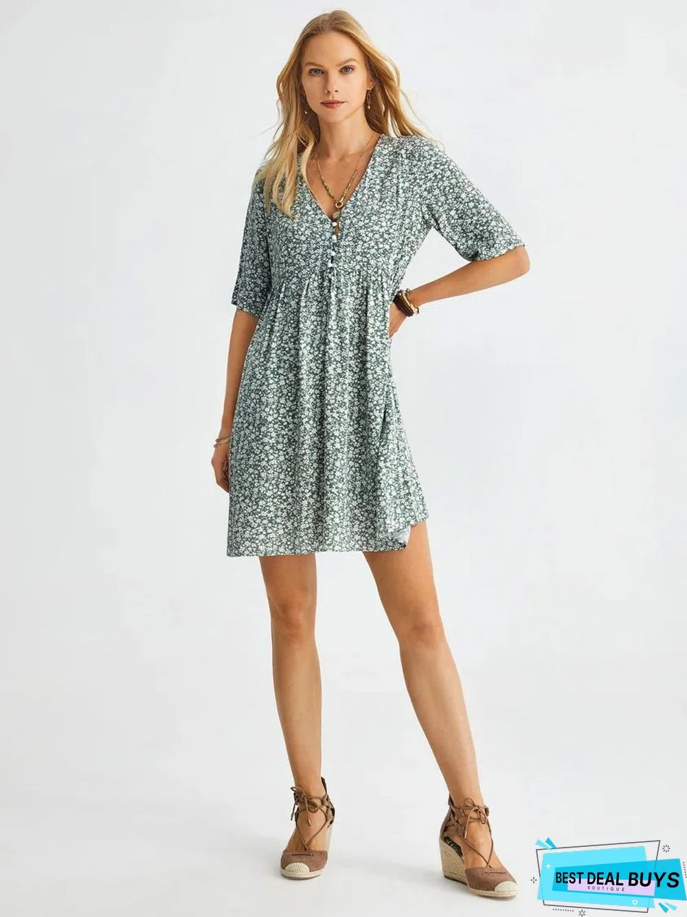 Boho Floral Print Short Sleeve Knee Length Dress