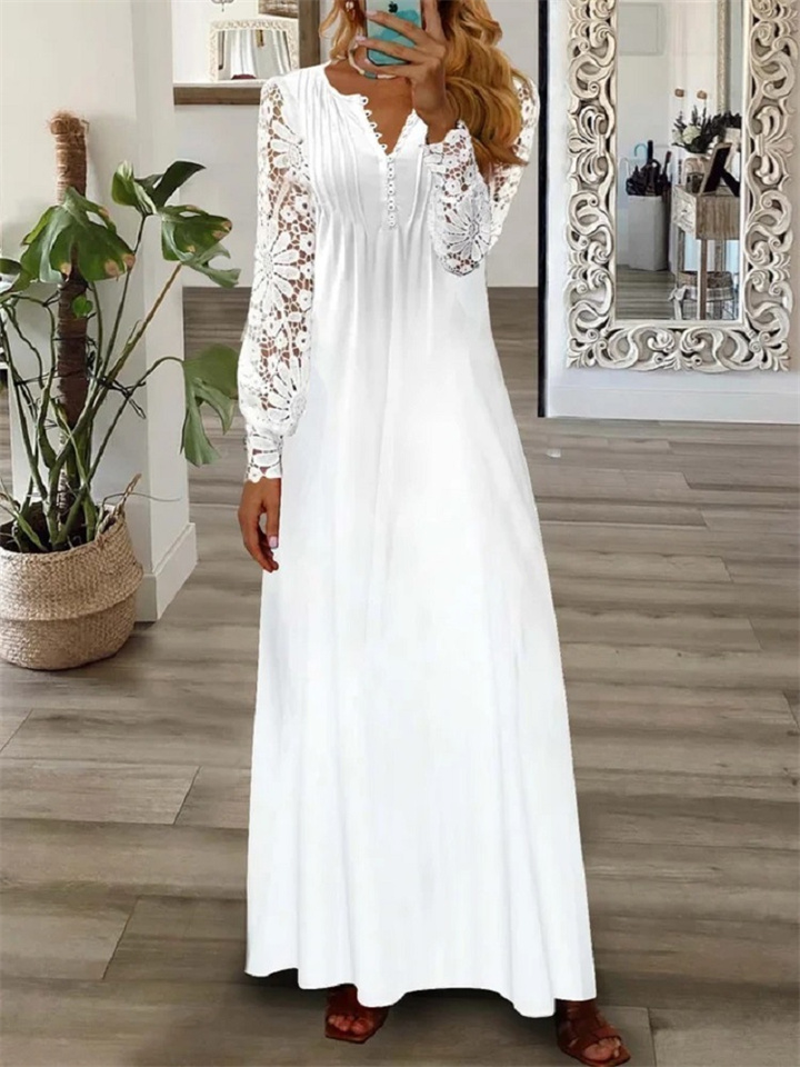 Spring and Summer Women's Fashion V-neck Long-sleeved Lace Long Dress