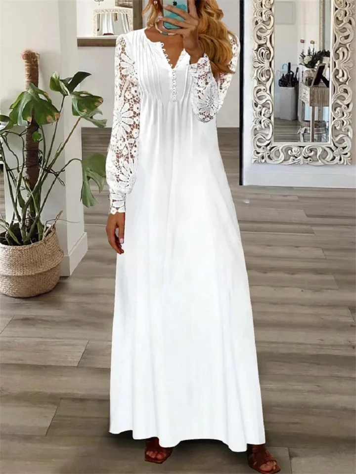 Spring and Summer Women's Fashion V-neck Long-sleeved Lace Long Dress Kmmey