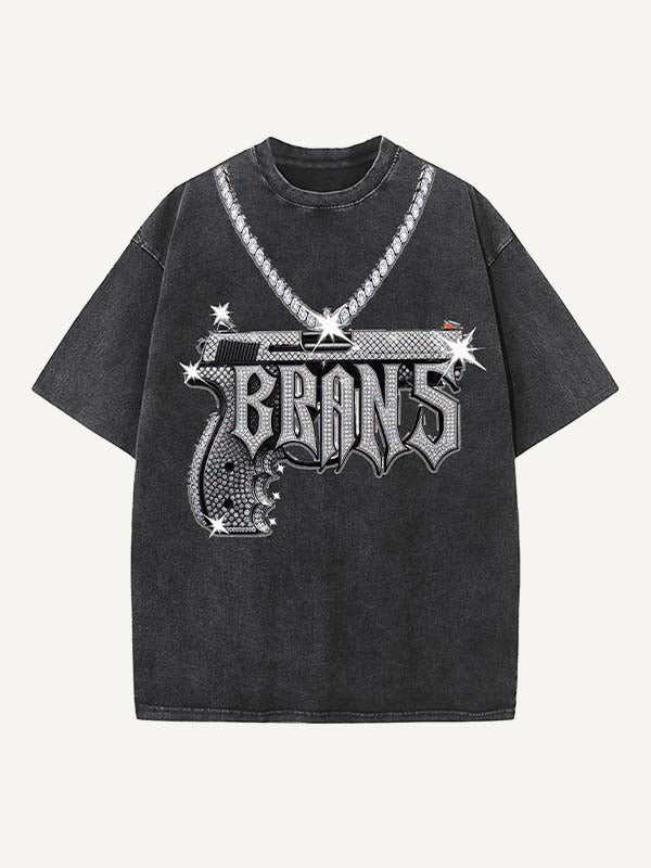 Distressed Washed Chain&Letter&Pistol Print Round Neck T-shirt