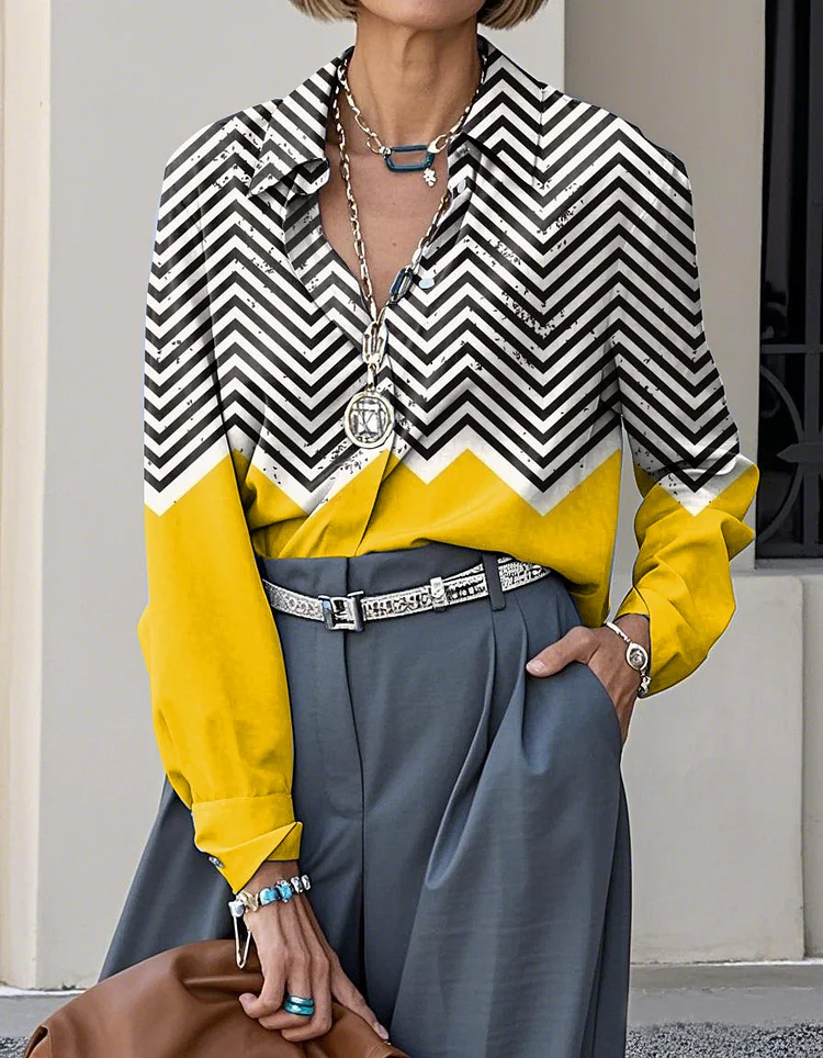 Elegant Abstract Art Print Lapel Casual Long Sleeve Shirt