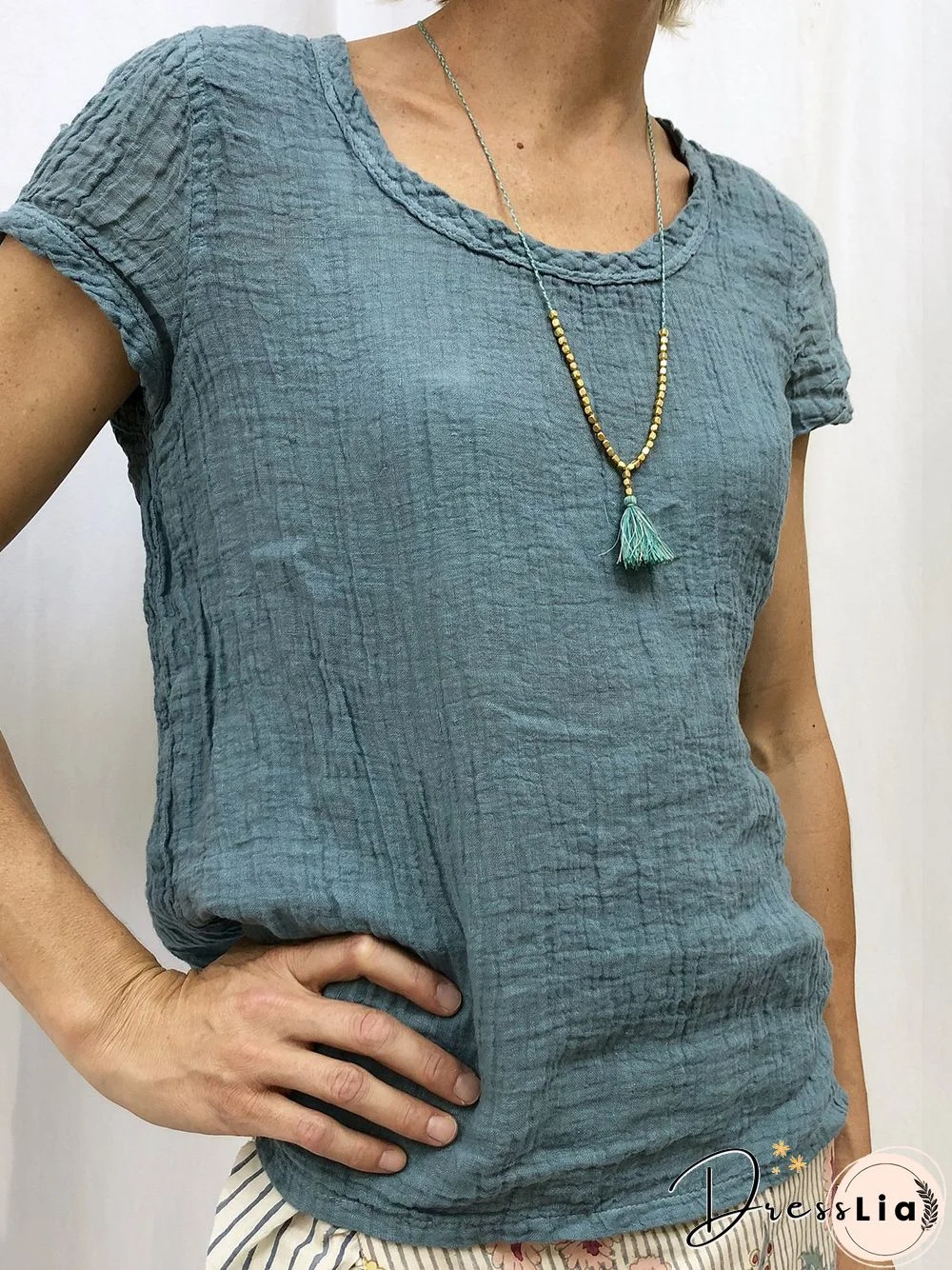 Women Casual Linen Cotton Plain Short Sleeve Blouses