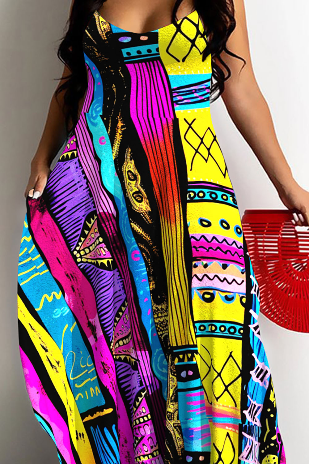 Design Plus Size Vacation Multicolor Ankara V Neck Cami Pocket Maxi Dresses [Pre-Order]