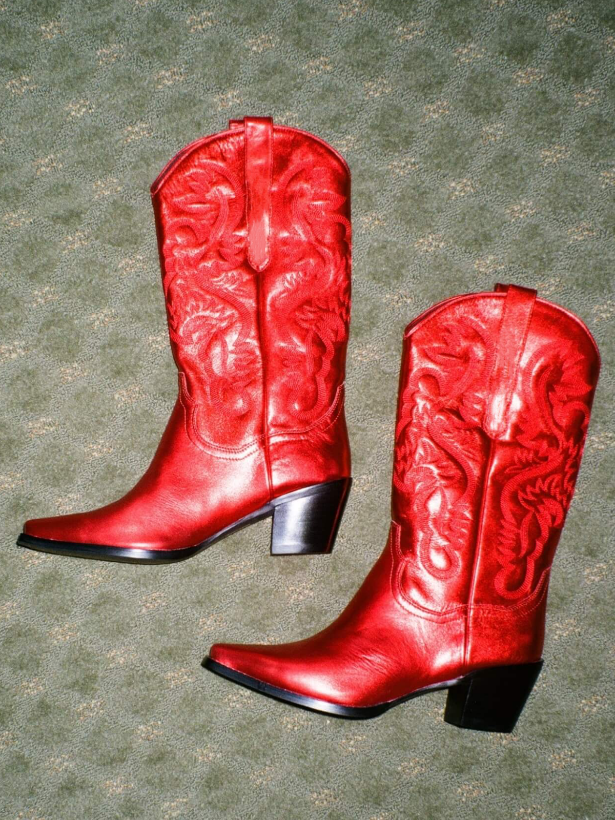 Taafo Metallic Red Snip-Toe Western Embroidery Wide Mid Calf Tall Cowgirl Boots