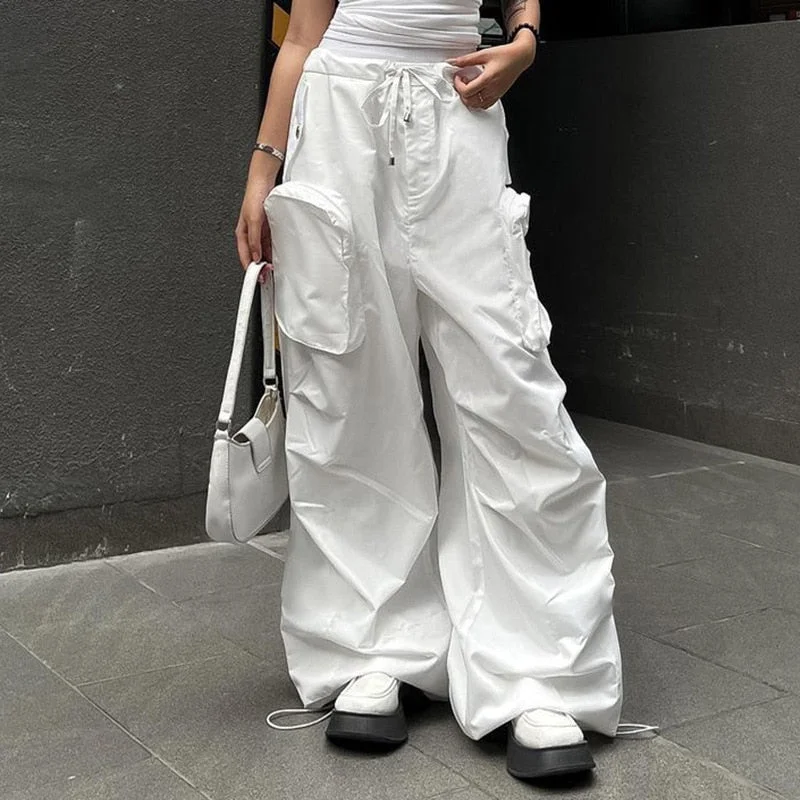 Uforever21 2023 Autumn New Fall Outfits White Drawstring Cargo Pants Women Y2k Wide Leg Joggers Parachute Pants Trousers Multi Pockets Mid Waist Hip Hop Sweatpants