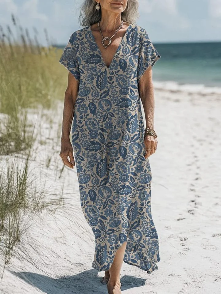 Retro Summer Fruit Pattern Printed Women's Pocket Cotton Dress