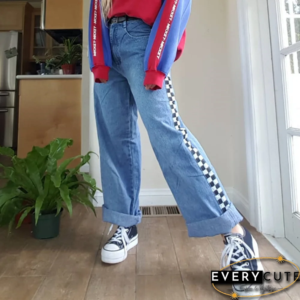 Women's Casual Color Matching Black And White Plaid Print Trousers