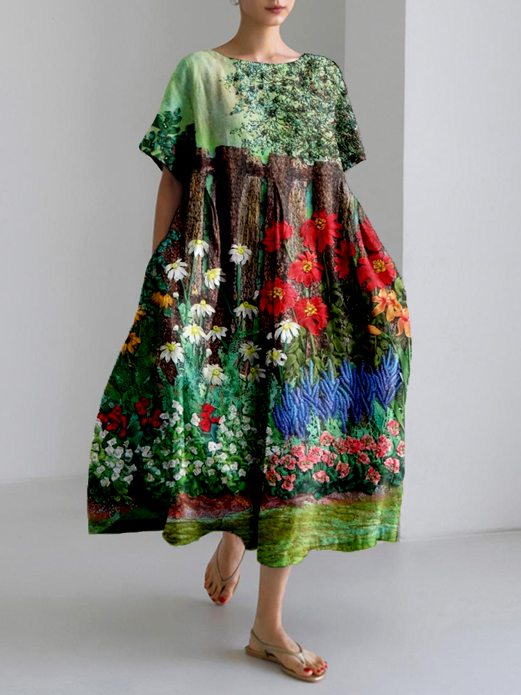 Flower Garden Embroidery Art Linen Blend Maxi Dress
