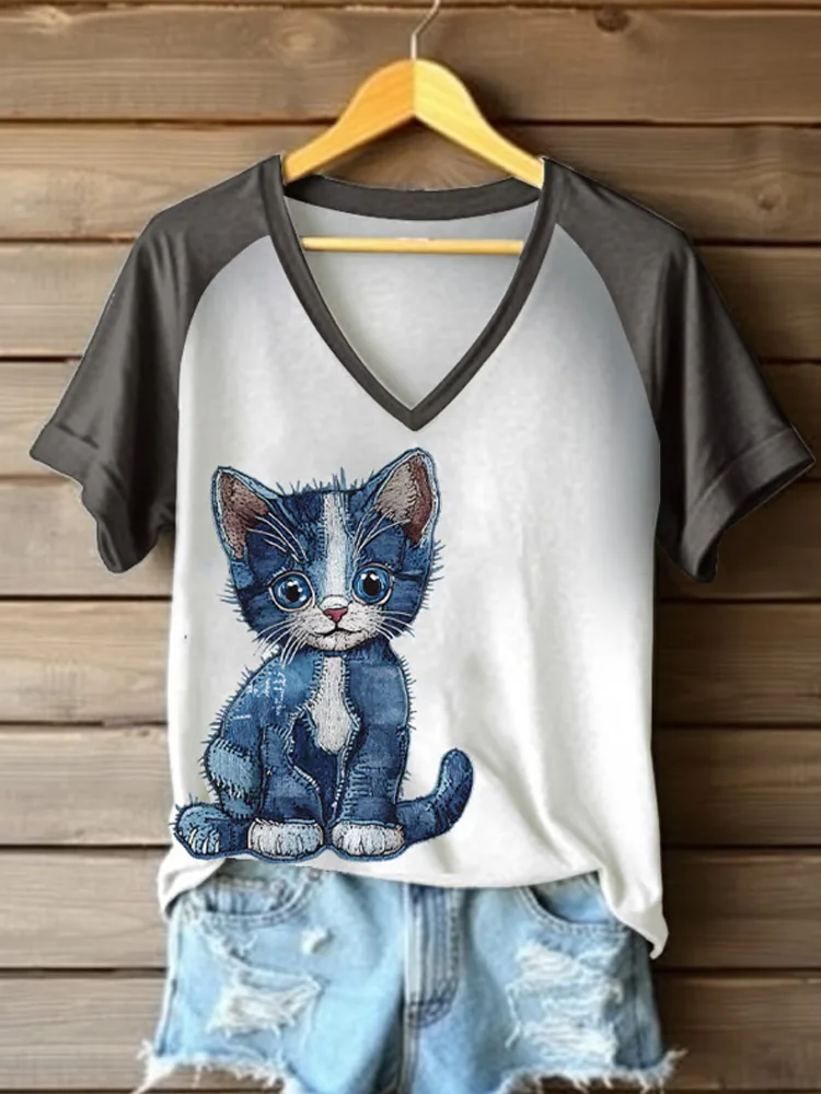 Utbros Women's Retro Funny Denim Patch Animal Cat Print Raglan Short Sleeve T-shirt