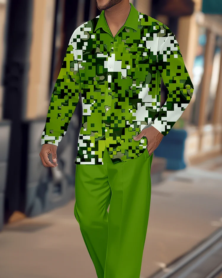 Men's Retro Printed Long Sleeve Shirt Walking Suit 1606