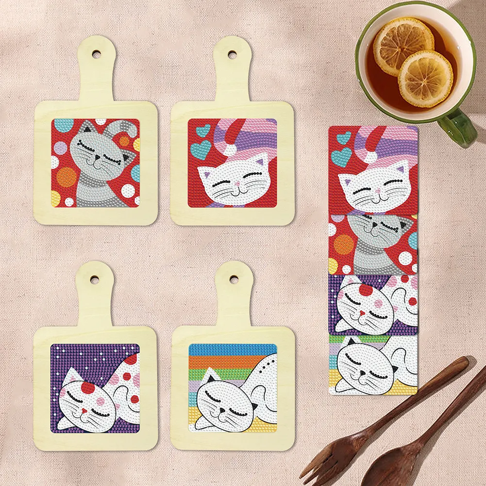 4Pcs Kitten DIY Diamond Painting Placemats Rhinestone Table Mats for Adults
