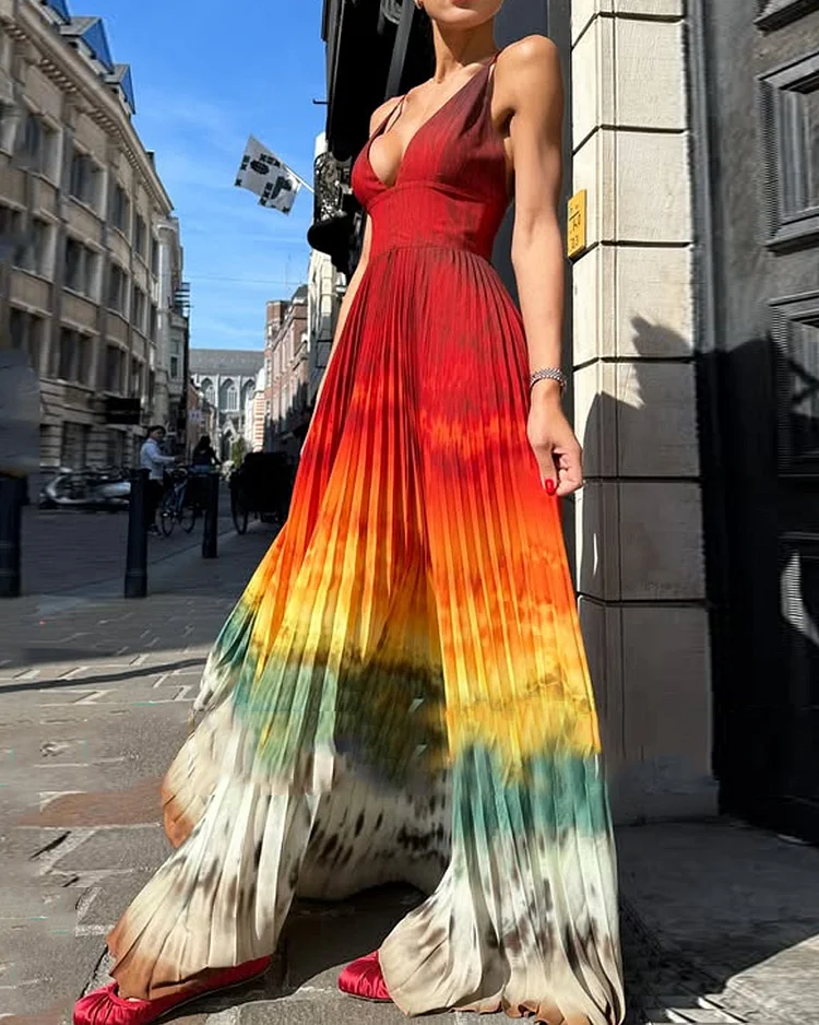 Sleeveless Pleated Print Dress