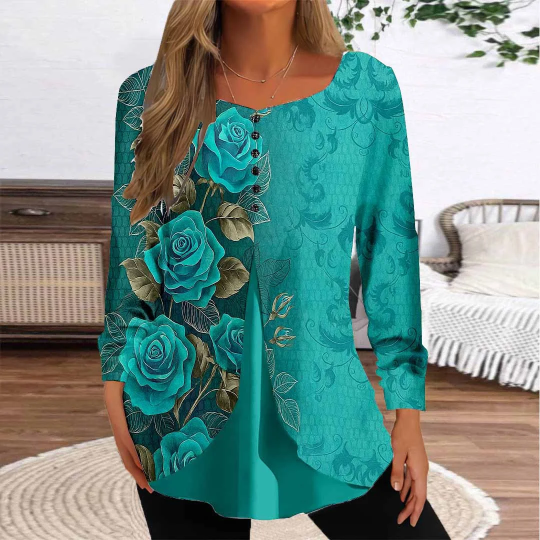 Women Floral,Blue DZGG8359 Long Sleeve Scoop Neck Printed Graphic Button Fake 2in1 Tops