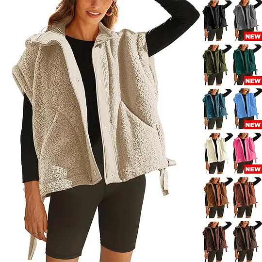 YRAETENM Women's Oversized Fuzzy Fleece Vest - Soft Stand Collar Sleeveless Jacket With Pockets