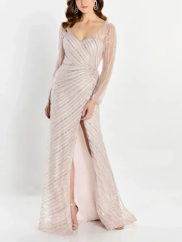  V Neck Lace Sequin Long Sleeve Solid Color Maxi Dress