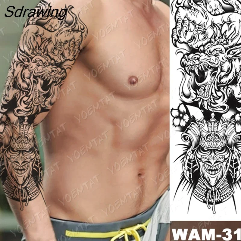 Sdrawing Arm Sleeve Tattoo Tiger Lion Wolf Owl Waterproof Temporary Tatto Sticker Crown Warrior Body Art Full Fake Tatoo Men Women