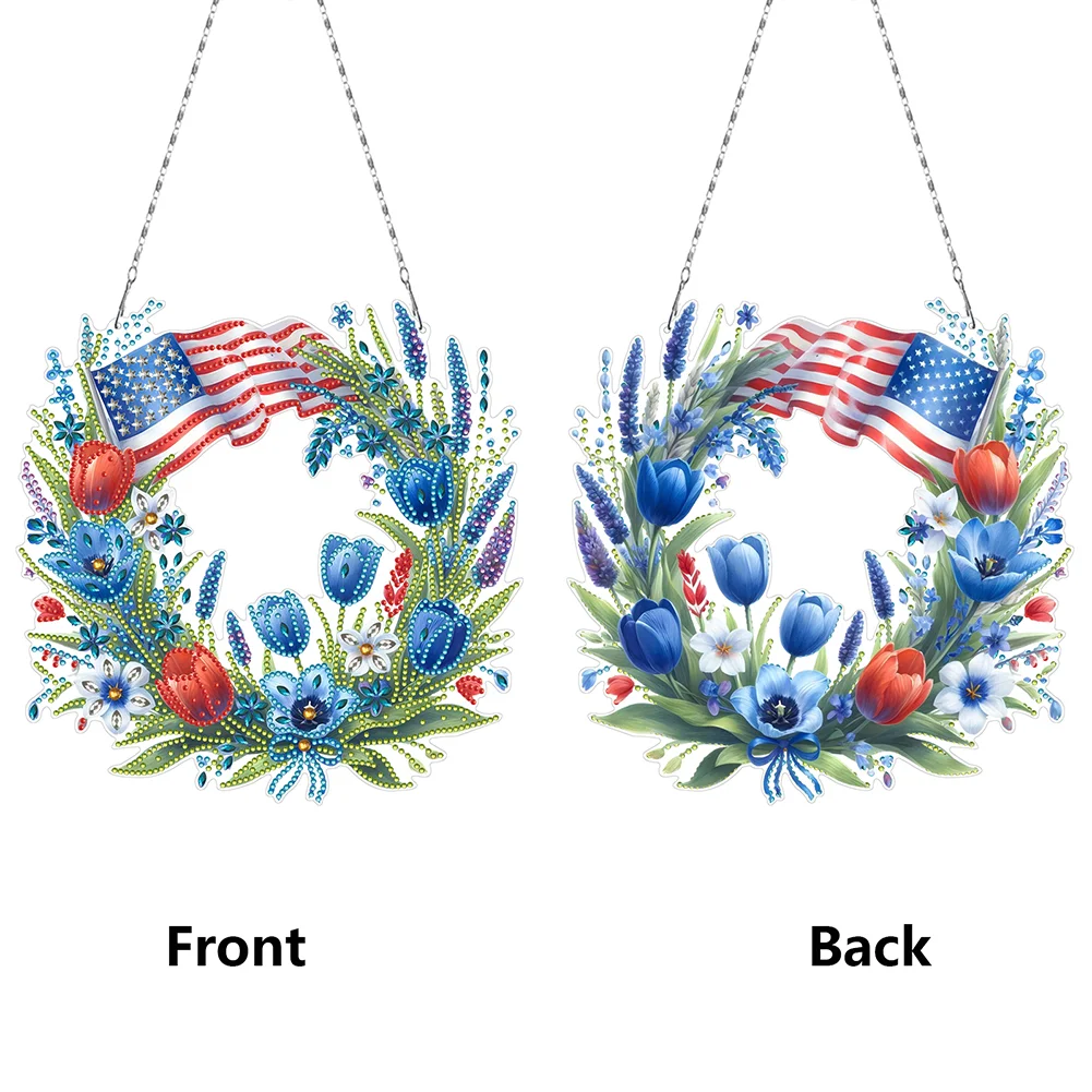 DIY Independence Day Wreath 5D Diamond Painting Dots Pendant for Window Wall
