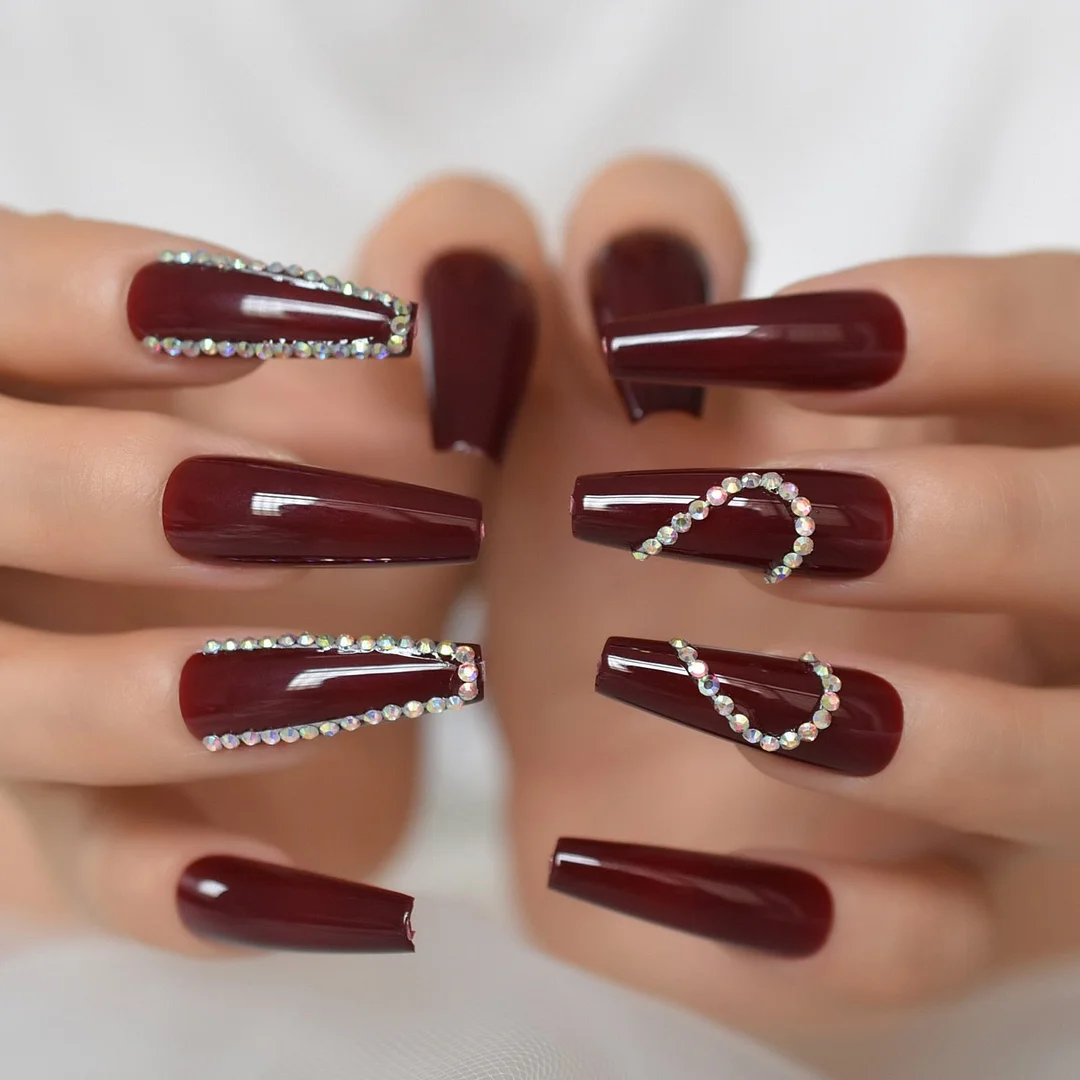 Extra Long Red Wine Coffin Fake Nails Acrylic False Luxury Press On Nails With Rhinestone Heart Bling Artificial Nail Art Tips-Nail Inspo