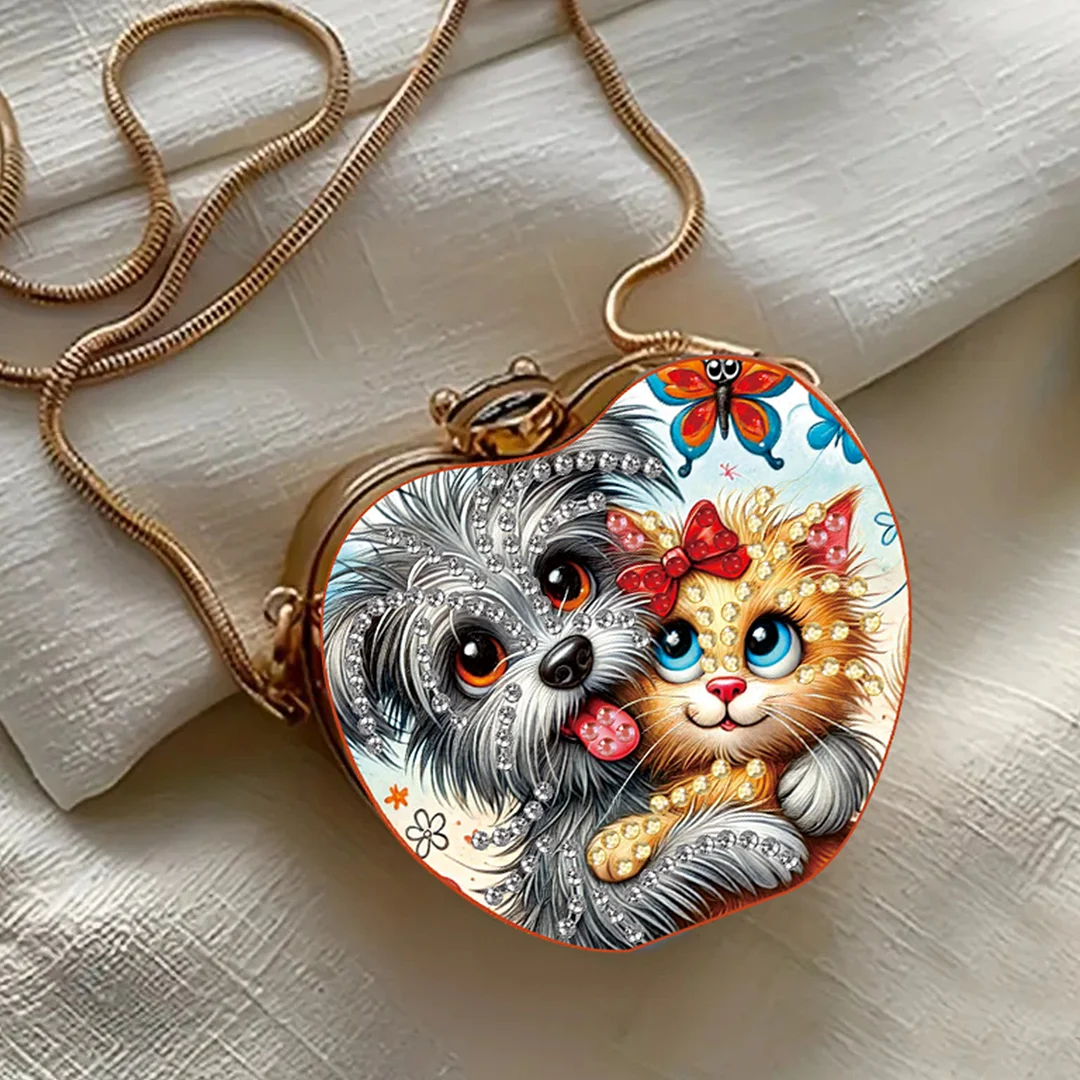 Cats and Dogs DIY Acrylic Love Diamond Art Painting Card Case Wallet with Chain Small Diamond Painting Crossbody Bag for Adults Women Girls Gift