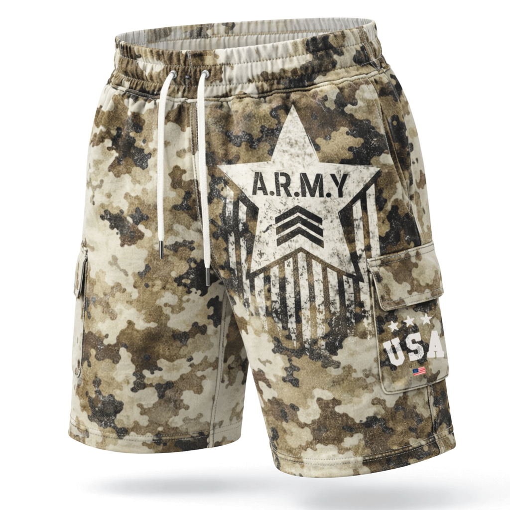 Camouflage Cotton-Polyester Blend Cargo Shorts With ARMY Star Print And USA Flag Patch - Helixace