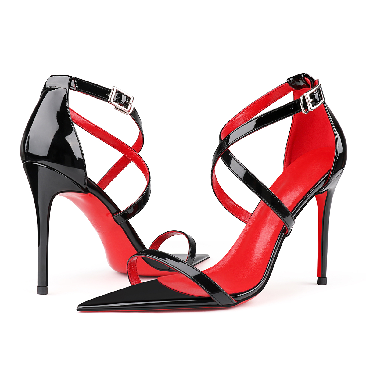 100mm Red Lined Thin Cross Strap Pointed Toe High Heels Red Bottom Party Sandals-MERUMOTE