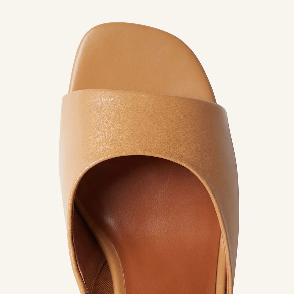 Tan Open Square Toe Chunky Heel Simple Slide Shoes for Women