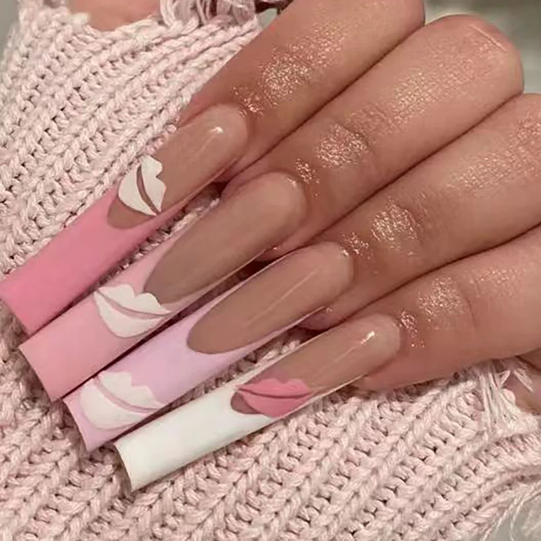 Extra Long-length Lip Print Press On Fake Nails with Jelly Double Sided Nail Adhesives 24 pcs