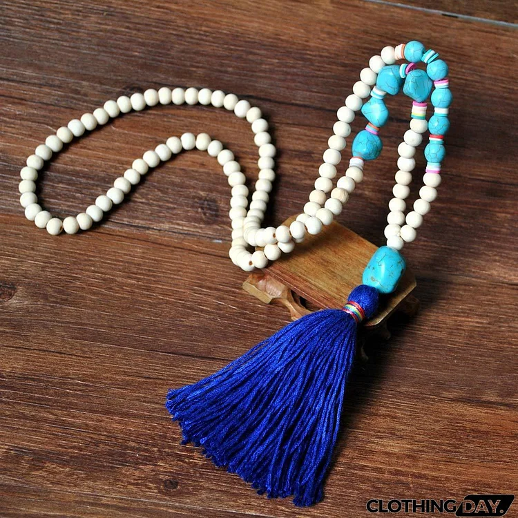 Women Vintage Boho Wood Beads Peace Symbol Tassel Lariat Sweater Rosary Necklace