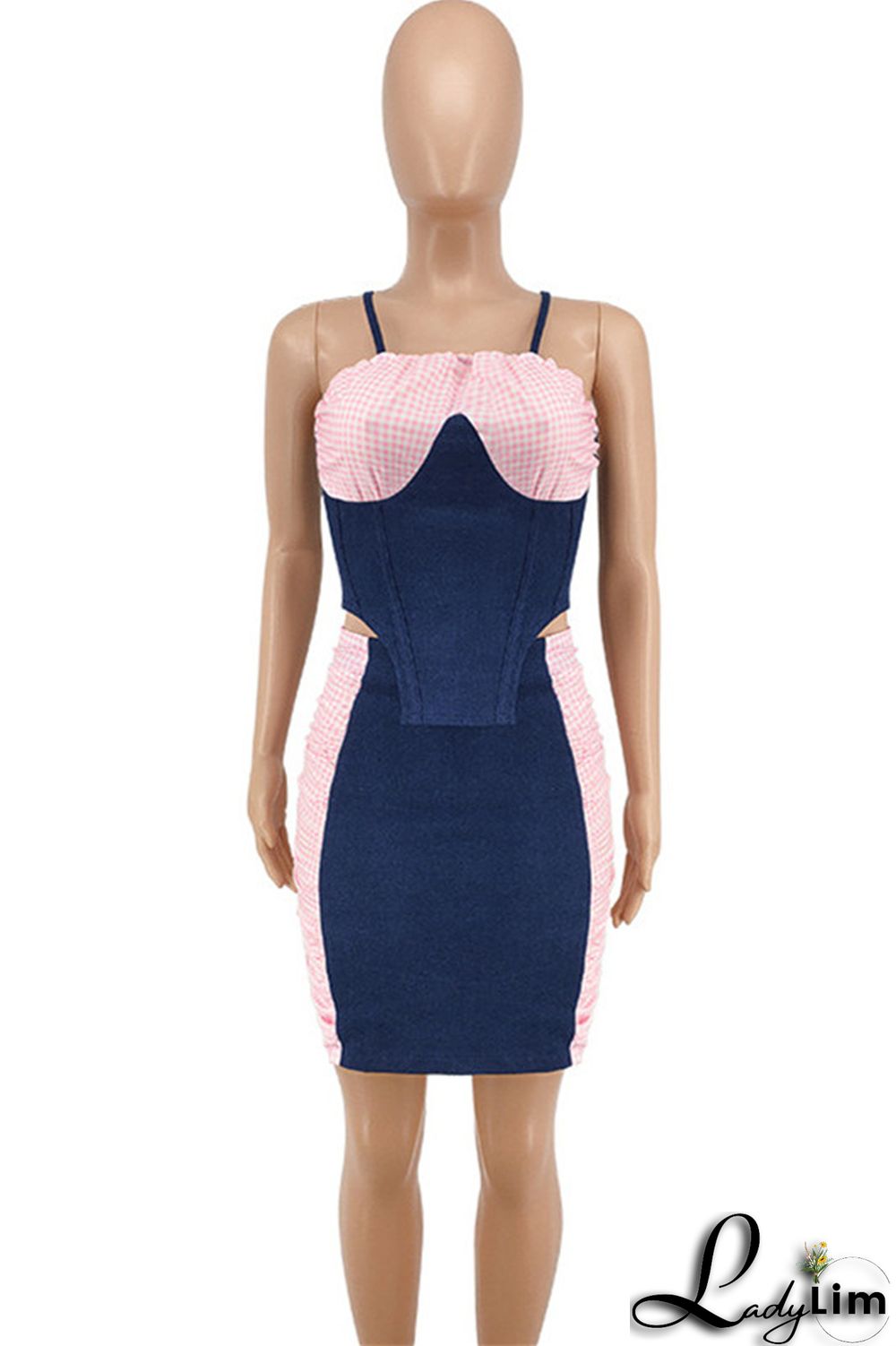 Black Fashion Sexy Plaid Patchwork Backless Asymmetrical Spaghetti Strap Sleeveless Two Pieces