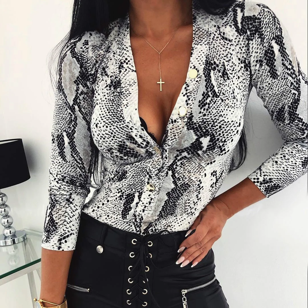 2020 Fashion Women V Neck Leopard Bodysuit Long Sleeve Leotard Tops Spring Fall Retro Sexy Bodysuits Jumpsuit Shirts Body Femme