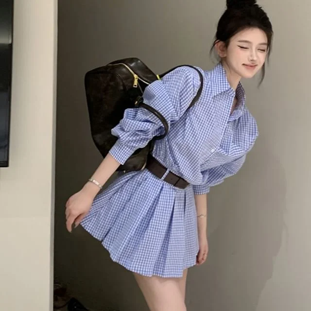 Henley Plaid Hem Front Dress Pocket Mini Shirt Pleated Long-Sleeve