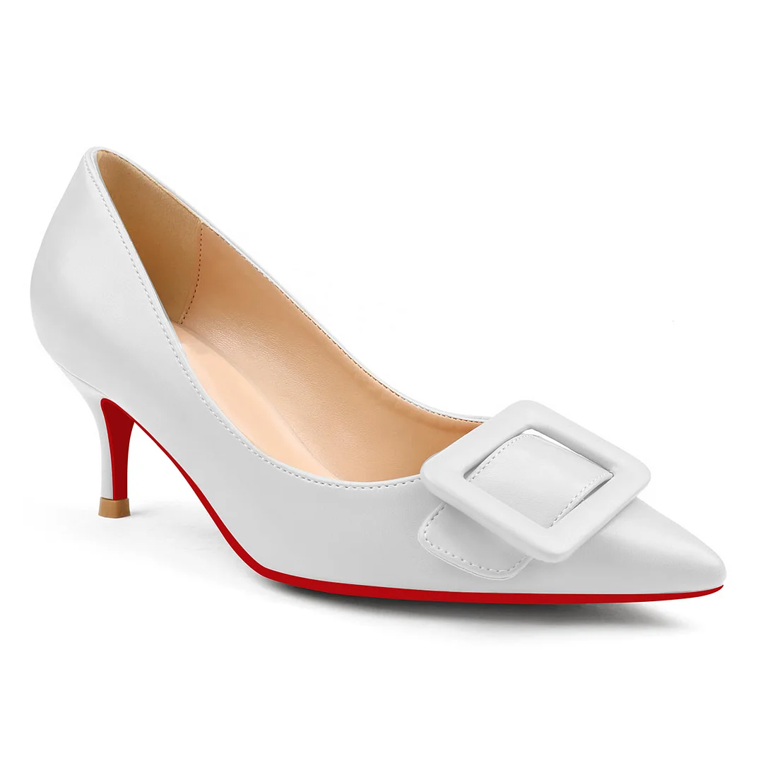 60mm Pointed Toe Square Buckle Decoration Red Bottom Kitten Heels Daily Pumps for Women Matte-MERUMOTE