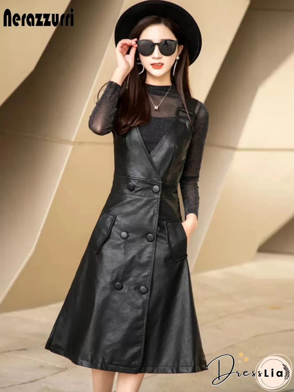 Summer Long Black Leather Dress Womens Strap Midi Faux For Womens Elegant Korean Fashion