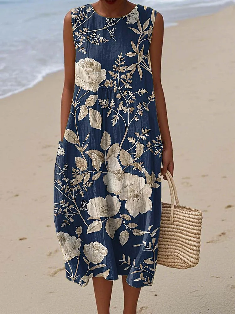 Women's Vintage Floral Art Print Sleeveless Cotton Pocket Wrap Dress