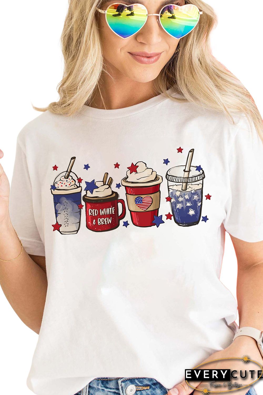 White Coffee Cups Graphic Print 4th of July Graphic T Shirt