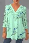 Plus Size Lace Patchwork V Neck Floral Print Blouse